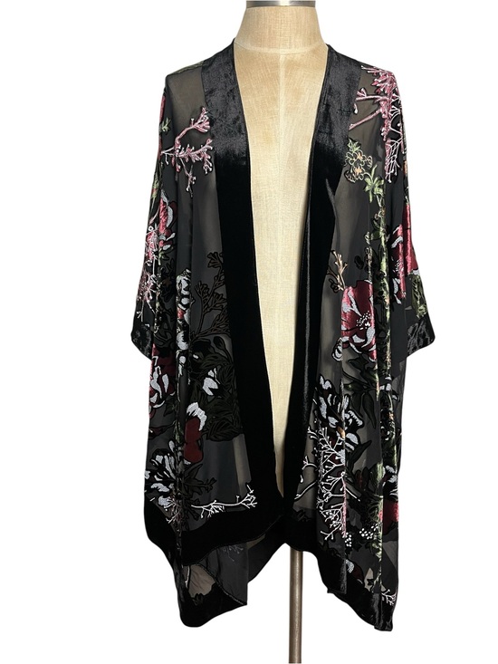 SAACHI Jackets & Blazers - Saachi Ione Velvet Burnout Ruana Black Floral Kimono Jacket Cover Up OS